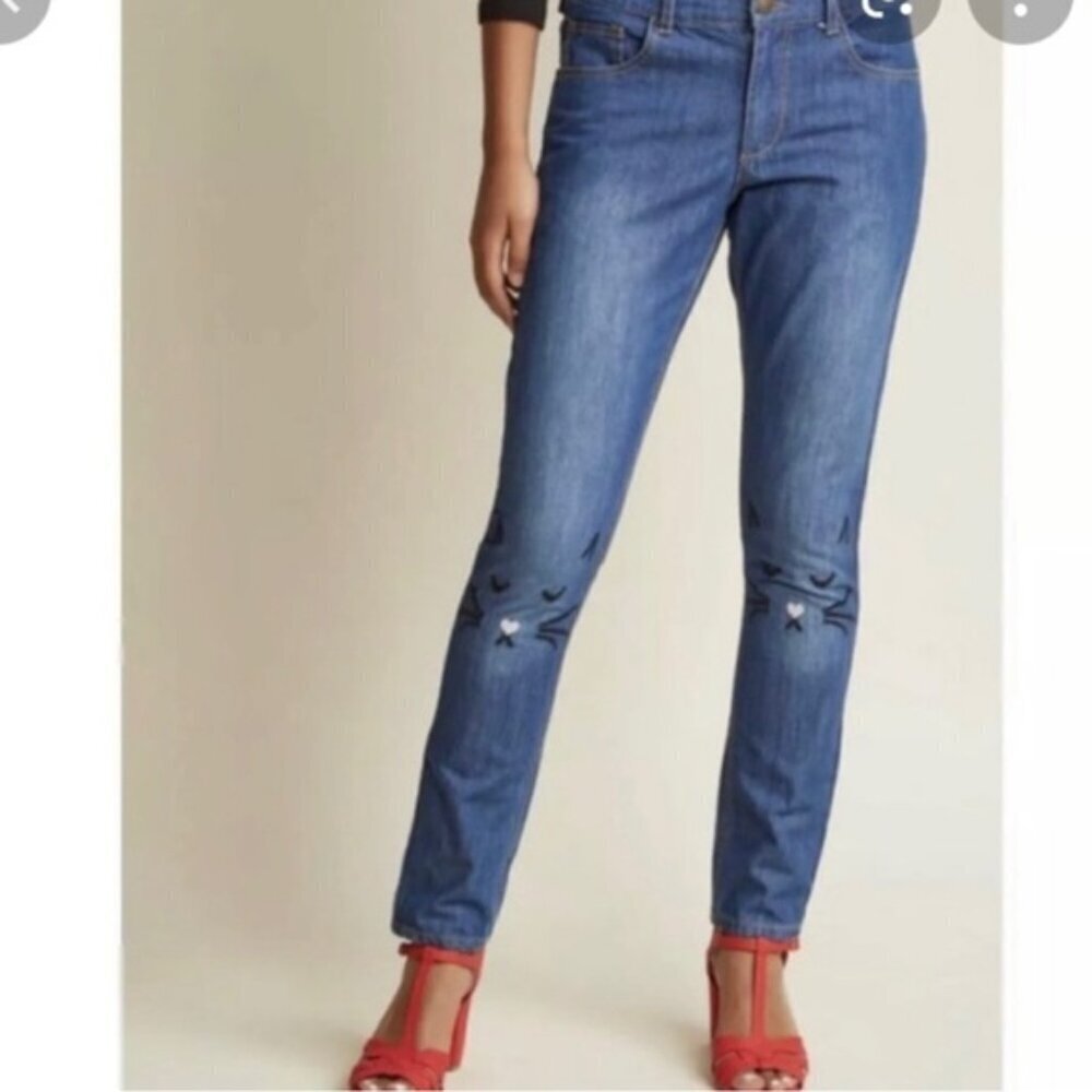 ModCloth Y2KPepaloves“I’m only kitten” embroidered cat straight leg jeans Size M